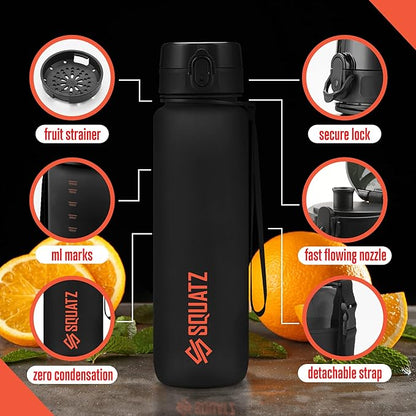 SQUATZ 34 Oz Poseidon Series Frosted Water Bottle - Premium Quality Wide Mouth Gym Flask with Fruit Infuser Strainer, Fixed Carrying Strap, Leak Resistance, and Zero Condensation, Black
