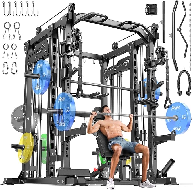 Smith Machine with Cable Crossover System, Multi-Function Power Cage Squat Rack for Home Gym, Power Rack and Packages Weight Sets.
