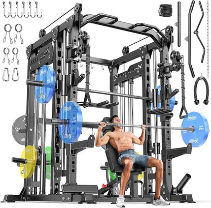 Smith Machine with Cable Crossover System, Multi-Function Power Cage Squat Rack for Home Gym, Power Rack and Packages Weight Sets.