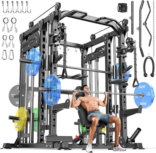 Smith Machine with Cable Crossover System, Multi-Function Power Cage Squat Rack for Home Gym, Power Rack and Packages Weight Sets.