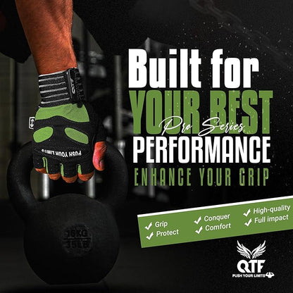 QTF Weight Lifting Gym Workout Gloves with Long Wrist Strap, Fingerless Gym Gloves for Men & Women, Full Palm Protection, for Weightlifting, Training, Fitness, Hanging