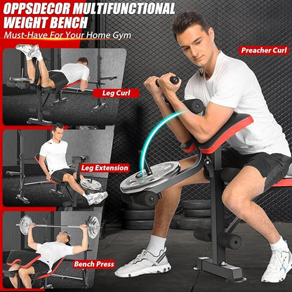 OPPSDECOR 6 in 1 900LBS Weight Bench with Leg Extension and Leg Curl, Foldable Bench Press Set and Squat Barbell Rack with Preacher Curl, Adjustable Workout Bench for Home Gym Strength Training PXZXYX1