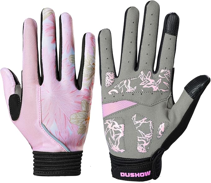 DuShow Bike Gloves for Women Cycling,Pink Floral Workout Gloves Women,Full Finger Biking Driving Riding Gloves for Women,Gel Padded Touch Screen Gym Gloves