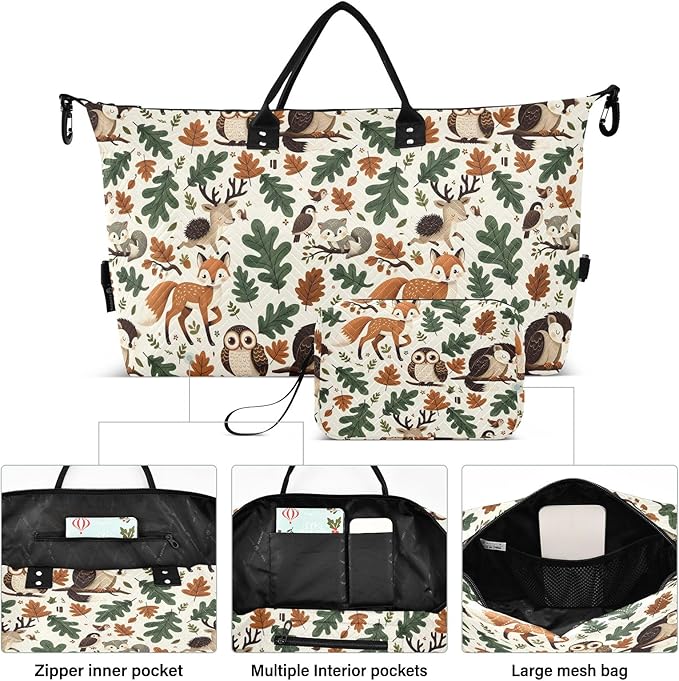 Weekender Bags Travel Duffel Gym Bag Animals Fox Deer Woodland Forest Hedgehog Carry on Overnight Tote Bag with Toiletry Bag for Airplane Travel Trip Gym Yoga