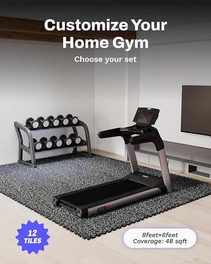 AIRHOP 0.56in Thick 48 Sq Ft Exercise Equipment Mats, 12 Tiles Upgraded Rubber Top with High Density EVA Foam, Large Interlocking Puzzle Gym Flooring for Home Gym, Heavy Weight Workout, 24 x 24in