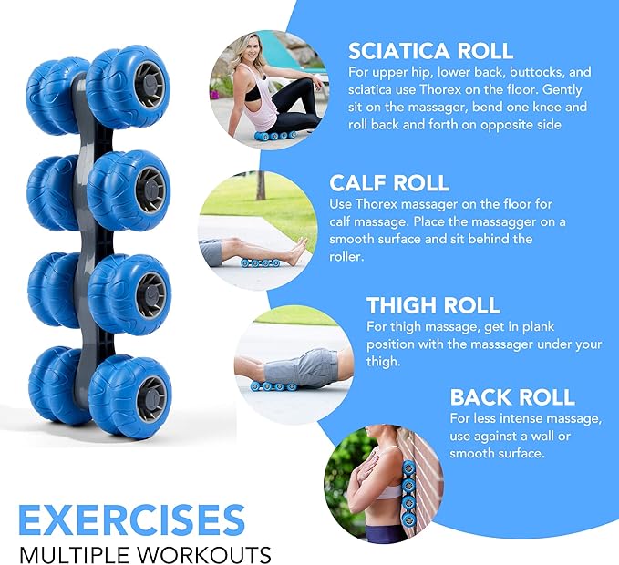 THOREX 8-Wheel Back Massager and Neck Knot Remover - Chiropractor Approved Manual Deep Tissue Massage Tool for Upper Back, Trapezius Pain Relief and Trigger Point Therapy - Self Recovery Muscle Stick