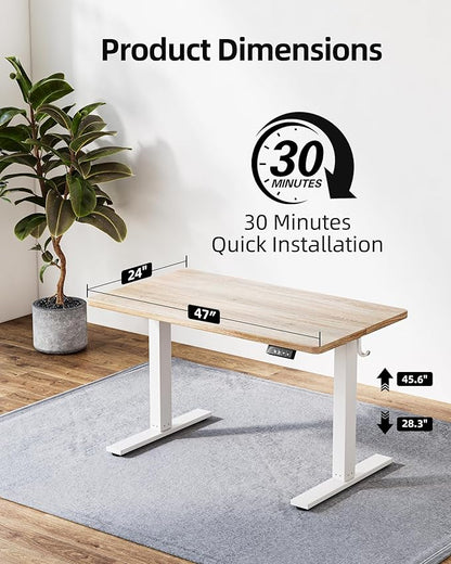 TIQLAB Electric Height Adjustable Standing Desk 47.2×23.6 inch, Sit Stand Desk with Splice Board, Memory Controller, White Frame & Maple Top Computer Workstation for Home Office