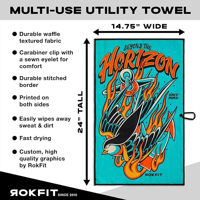 RokFit Gym & Golf Towel – Multi-Use, Quick-Dry, Durable Utility Towel with Bold Graphic and Carabiner Clip (Beyond The Horizon)