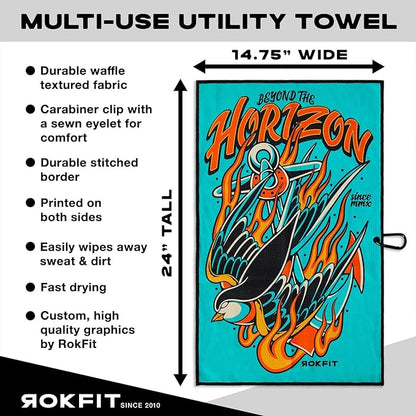 RokFit Gym & Golf Towel – Multi-Use, Quick-Dry, Durable Utility Towel with Bold Graphic and Carabiner Clip (Beyond The Horizon)