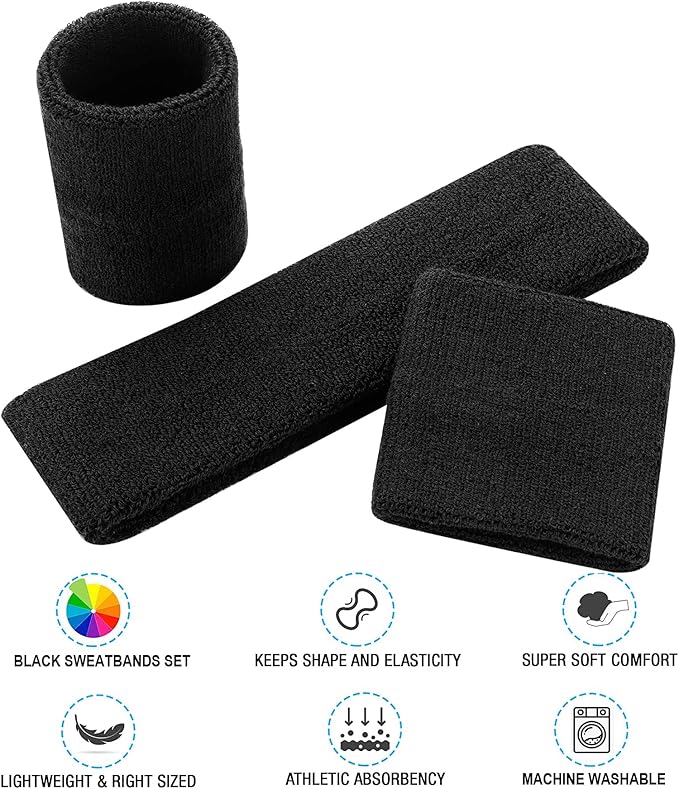 Sweatbands Headband and Wrist Set, Cotton Sweat Band for Athletic Men and Women, Sweatbands Sports Headbands for Working Out, Running, Basketball, Tennis, Yoga
