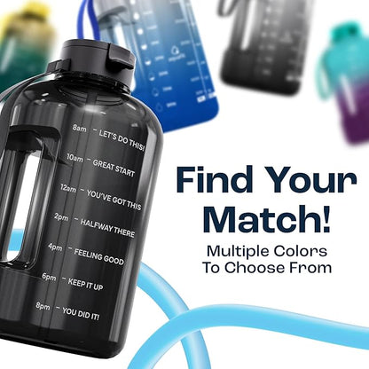AQUAFIT 128 oz Water Bottle with Time Marker - Straw & Chug Lid - BPA Free 1 Gallon Gym Water Bottle with Handle - Big Gallon Jug (Blue Skies, 128 Ounces)