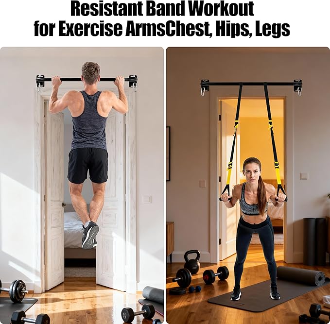 Heavy Duty Wall Mounted Pull Up Bar with 8mm Thick Steel Plates & Heavy-Duty Carabiner, Strength Training Bar for Home Gym, Garage and Indoor Workout