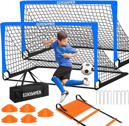Kids Soccer Goals for Backyard, 2 of 6 x 4 ft Kids Soccer Goal Set Soccer Net with 10 Soccer Cones, Agility Ladder & Carry Bag, Portable Soccer Training Equipment.