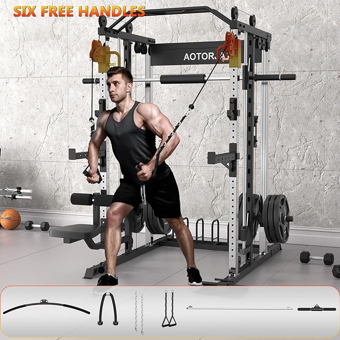 Smith Machine Strength Training Squat Rack with Smith Bar, Power Cage with LAT Pull-Down Systems, Cable Crossover Machine for Home Gym
