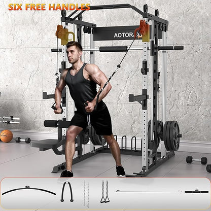 Smith Machine Strength Training Squat Rack with Smith Bar, Power Cage with LAT Pull-Down Systems, Cable Crossover Machine for Home Gym