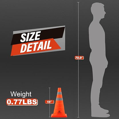 RoadHero 18 Inch 4 Pack Collapsible Traffic Safety Cones, Multi Purpose Pop-up Cones with Reflective Collar for Road Safety, Orange Cones for Driving Training, Parking Lots