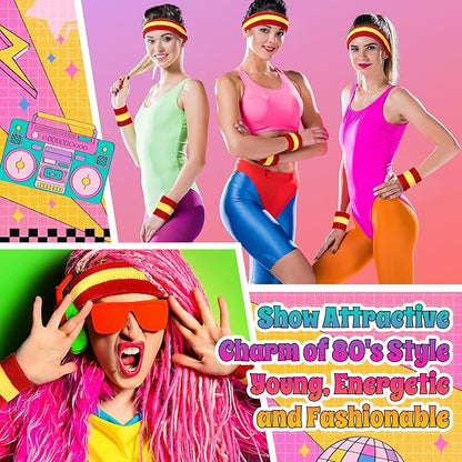 3 Pack Neon Sweatbands Set 80s Wristband and Headband Color War Accessories Sports Sweatbands for Summer Ball Party