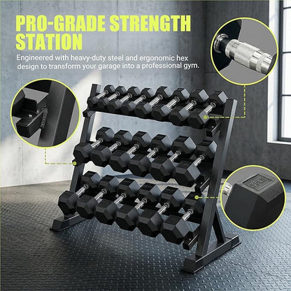 Rubber Hex Dumbbells with Storage Rack 350/450/550 LBS - Free Dumbbell Weight Set for Home Gym Equipment Exercise & Fitness Dumbbells for Strength Training