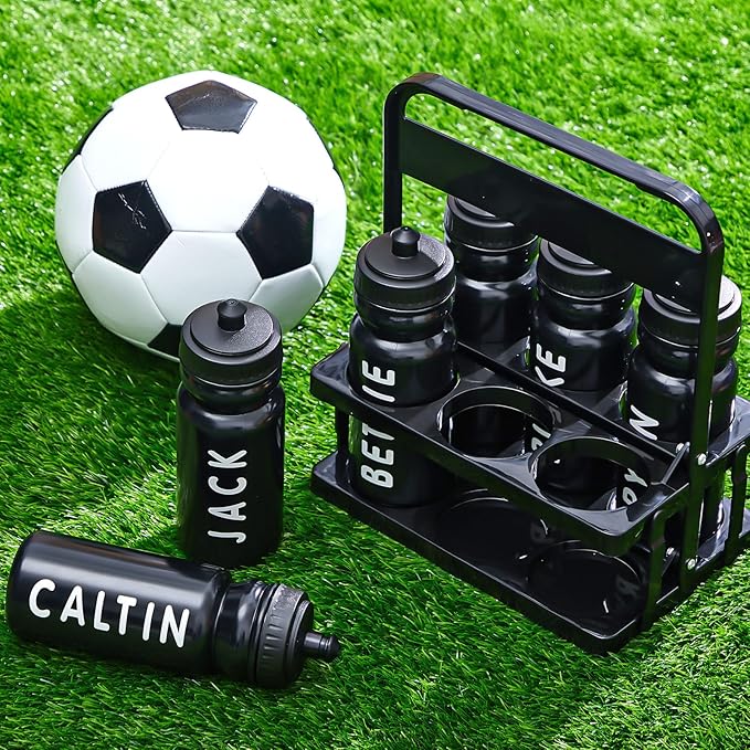 Suclain 14 Pcs Water Bottle Carrier with 20 Oz Bottles and Stickers Plastic Wide Mouth Sports Water Bottle Squeeze Team Bottles with Black Lid for Fitness Bike Gym (Black)