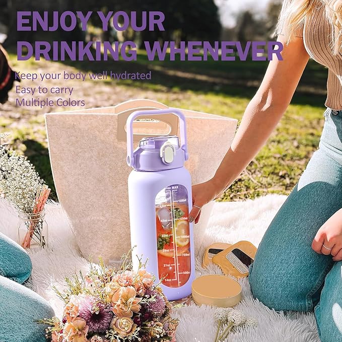 kytffu 64oz Glass Water Bottles with Straw, Half Gallon Motivational Glass Bottle with Silicone Sleeve and Time Marker, 2L Leakproof Large Glass Water Jug for Gym Home Office, Purple