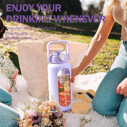 kytffu 64oz Glass Water Bottles with Straw, Half Gallon Motivational Glass Bottle with Silicone Sleeve and Time Marker, 2L Leakproof Large Glass Water Jug for Gym Home Office, Purple