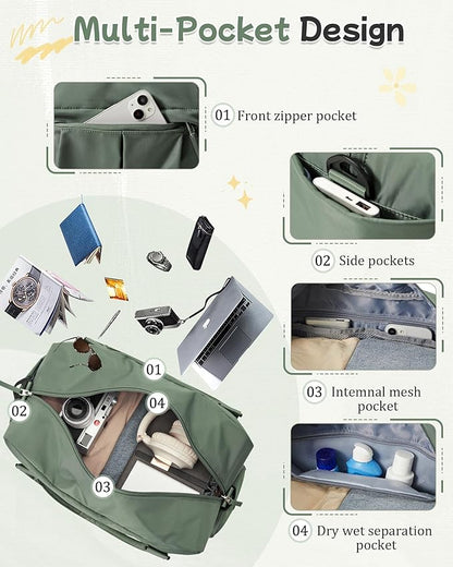 Travel Duffel Bag with Shoe Compartment, Large Weekender Bags for Women with Trolley Sleeve for Airplane, Waterproof Carry on Bag Sport Tote Bags Hospital Holdalls, Green