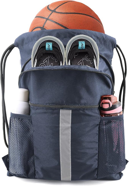BeeGreen Drawstring Backpack Bag with Shoe Compartment, X-Large Black Gym Sports String Cinch Backpack