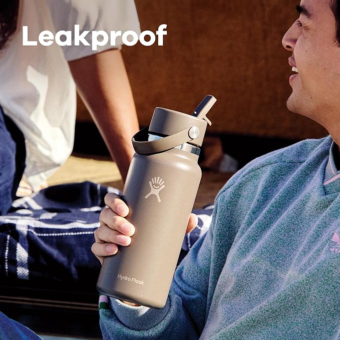 Hydro Flask Water Bottle - Insulated Stainless Steel - Wide Mouth Flex Straw Lid, Non Spill, Leakproof and Refillable in 32 Oz Vapor Rose Gold