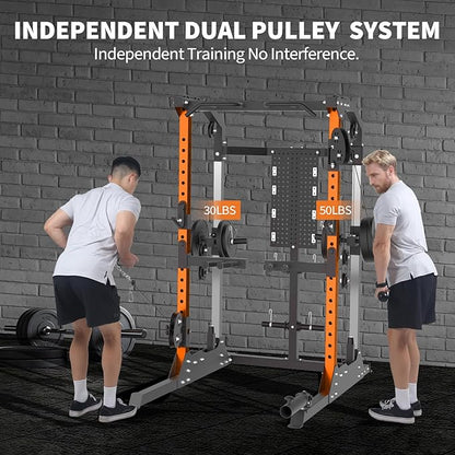 Power Cage, 2000LB Power Rack with Independent Dual Pulley System, Multi-Function Home Gym Workout Machine for Stability & Strength Training