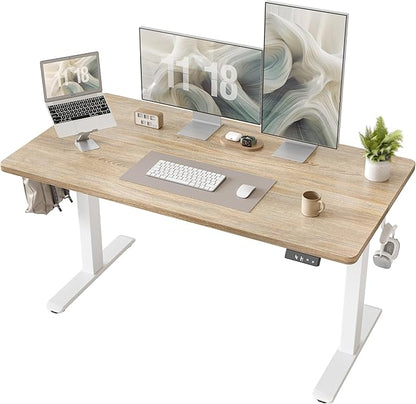 TIQLAB Electric Height Adjustable Standing Desk 47.2×23.6 inch, Sit Stand Desk with Splice Board, Memory Controller, White Frame & Maple Top Computer Workstation for Home Office