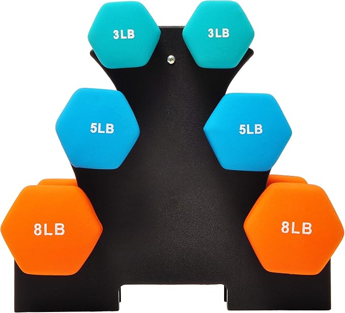 Fitvids Set of 6 Neoprene Dumbbell Hand Weights, Set with Rack: 3/5/8 Pairs