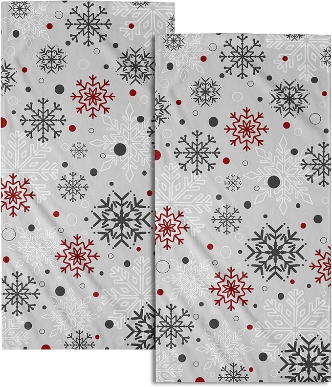 Winter Snowflake Bathroom Hand Towels Decorative Set 28.3x14 Inch Set of 2 Red Grey Snowflakes Decorative Bath Towels Christmas Holiday Super Soft Kitchen Towels for Bathroom Home Hotel Gym