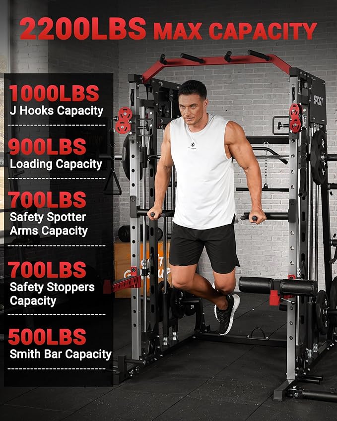 GarveeLife Smith Machine Home Gym All in One, 2200 LBS Squat Rack Power Cage with Smith Bar, LAT Pull-Down, Cable Systems, Leg Hold-Down and More Attachments, Workout Equipment (Red Black)