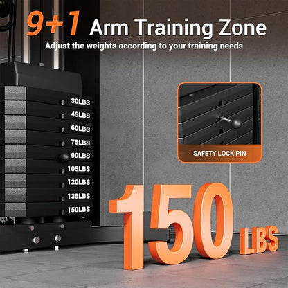 Multifunctional Home Gym Equipment, Workout Station with 150LBS Weight Stack, Home Gym Machine with Pulley System for Full Body Training