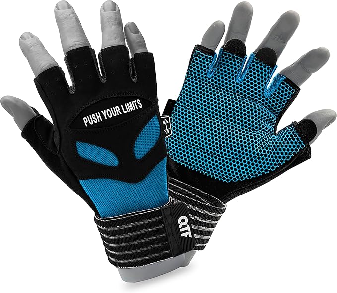QTF Weight Lifting Gym Workout Gloves with Long Wrist Strap, Fingerless Gym Gloves for Men & Women, Full Palm Protection, for Weightlifting, Training, Fitness, Hanging