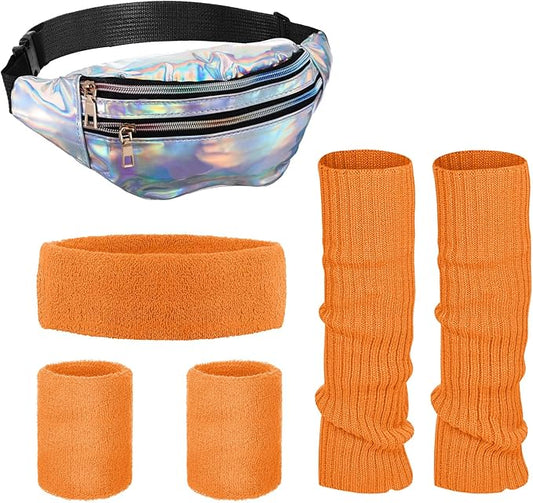 SATINIOR 80s Women Workout Outfit Neon Leg Warmer Headband Wristbands Fanny Pack Set 80s Accessories for Yoga Running