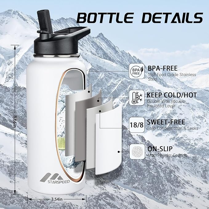StarSpeed 32oz Insulated Water Bottle with Straw Lid, Stainless Steel Double Walled Vacuum Water Flask, Wide Mouth Sports Water Bottle for Gym Camping Hiking, White