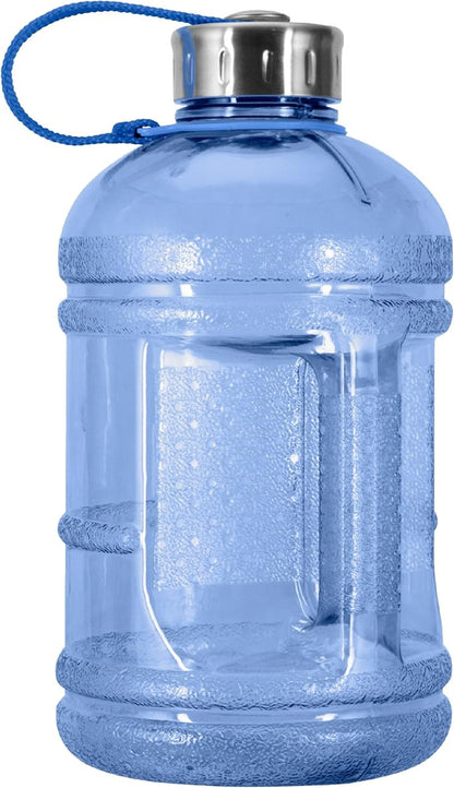 Geo Sports Bottles 1/2 Gallon (64 oz) BPA Free Reusable Leakproof Wide Mouth Sports Water Jug Bottle with Handle and 48mm Stainless Steel Cap (Dark Blue)