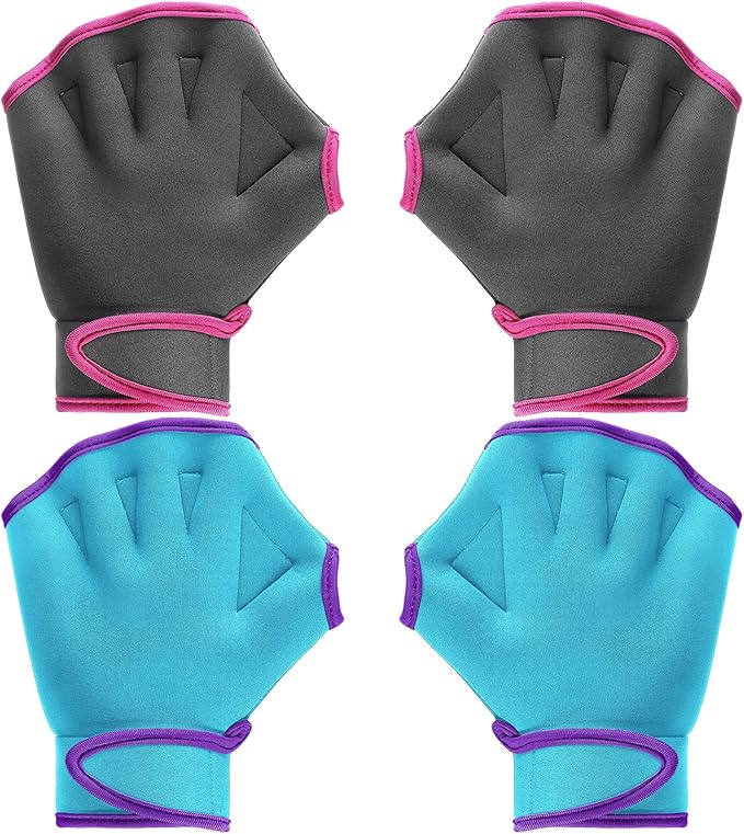 Sumind 2 Pairs Swimming Gloves Aquatic Training Gloves Neoprene Mittens Webbed Fitness Water Aerobics Resistance Training for Women Men Swimming Diving(Medium,Gray/ Rose Red, Blue/ Purple)