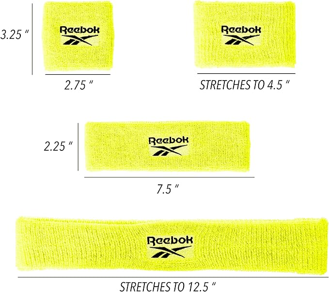 3pc Unisex Athletic Sweatband Set - 2.25in Workout Headband & 3.25in Wristbands w/Stay Dry Technology, Terry Cloth Band Moisture-Wicking Fabric | Quality Fitness Accessories for Active Comfort-Reebok