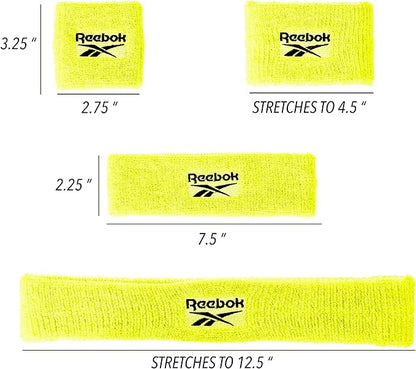3pc Unisex Athletic Sweatband Set - 2.25in Workout Headband & 3.25in Wristbands w/Stay Dry Technology, Terry Cloth Band Moisture-Wicking Fabric | Quality Fitness Accessories for Active Comfort-Reebok