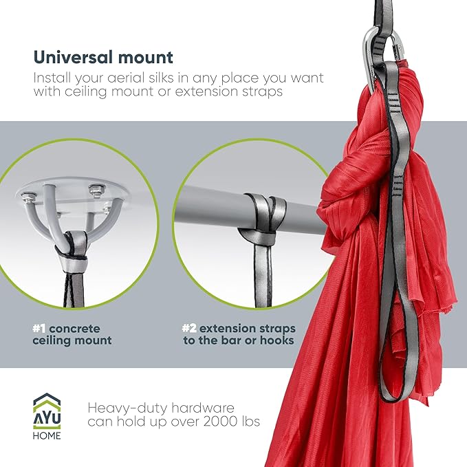 AyuHome Aerial Silks Kit for Home - Premium Yoga Swing for Kids and Adults with 660 lbs Capacity - Versatile Aerial Yoga Hammock for Gymnastics Training