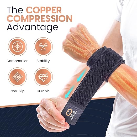 Copper Compression Wrist Wraps (2 Pack) – Adjustable Copper Infused Wrist Support for Weightlifting, Workouts, Injury Recovery, Carpal Tunnel, Tendonitis, and Pain Relief – Breathable and Comfortable Straps