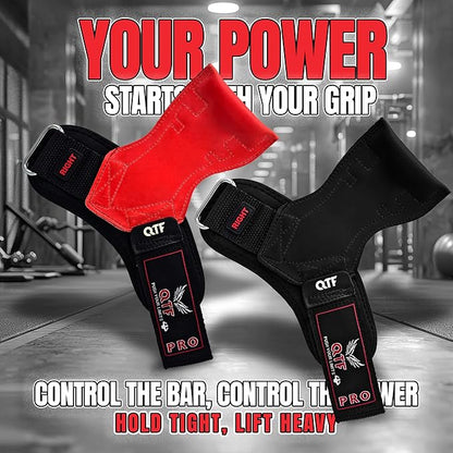 QTF Weight Lifting Grips (Pair) for Heavy Powerlifting, Wrist Straps for Deadlifts, Rows, Pull Ups, with Neoprene Padded Wrist Wraps Support and Strong Rubber Gloves or Straps for Bodybuilding.