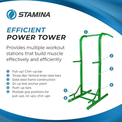 Stamina Pull Up Bar Tower & Dip Station, Free Standing Outdoor Home Gym Equipment, Green - Adjustable and Portable Workout Stand for Calisthenics Body Weight Training