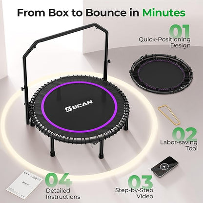 BCAN BT2 450/550LBS Mini Rebounder Trampoline for Adults with Bar, Fitness Trampoline with Bungees, Adjustable Handle, Stable & Quiet, Indoor Outdoor, Whole-Body Workout & Relaxation at Home-40IN/48IN