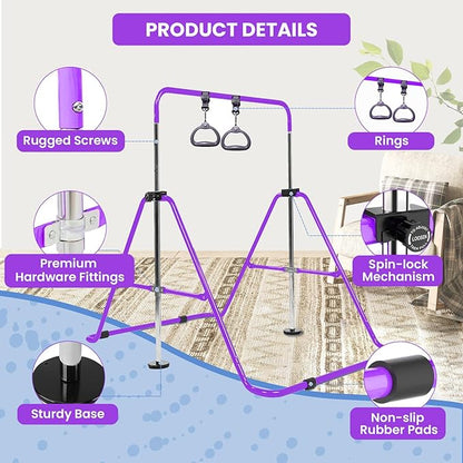 Amrta Foldable Gymnastics Bar with Rings, Adjustable Collapsible Horizontal Training Equipment Set for Indoor Outdoor Home Use Gym Gift in Pink Purple Blue