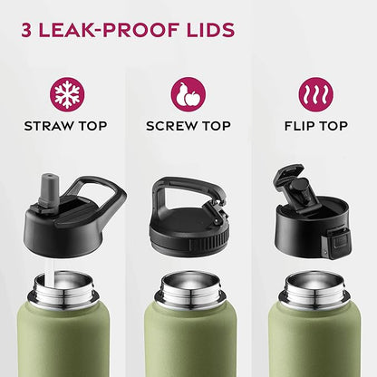 FineDine Water Bottle - Stainless Steel Insulated Water Bottle with Straw Lid, Flip Lid & Wide-Mouth Cap - Keeps Hot and Cold - 32 Oz / 946ml - Army Green