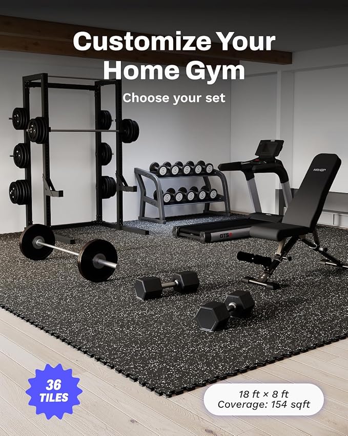 AIRHOP 0.56in Thick 144 Sq Ft Exercise Equipment Mats, 36 Tiles Upgraded Rubber Top with High Density EVA Foam, Large Interlocking Puzzle Gym Flooring for Home Gym, Heavy Weight Workout, 24 x 24in