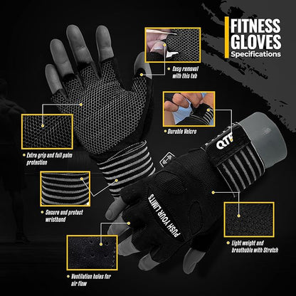 QTF Weight Lifting Gym Workout Gloves with Long Wrist Strap, Fingerless Gym Gloves for Men & Women, Full Palm Protection, for Weightlifting, Training, Fitness, Hanging
